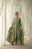 GREEN EMBROIDERED SUIT WITH ELABORATE PALAZZO AND DUPATTA. (3PCS )