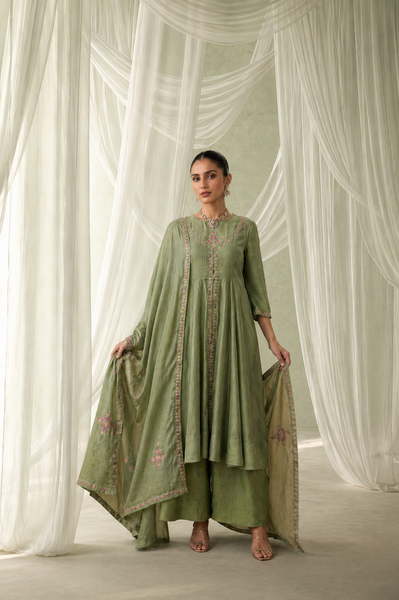 GREEN EMBROIDERED SUIT WITH ELABORATE PALAZZO AND DUPATTA. (3PCS )