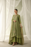 GREEN EMBROIDERED SUIT WITH ELABORATE PALAZZO AND DUPATTA. (3PCS )