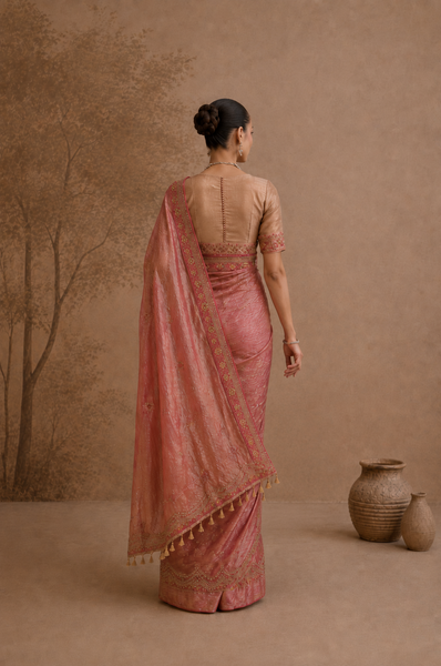 DUSTY ROSE TISSUE EMBROIDERED SAREE WITH BLOUSE PIECE (2PCS)