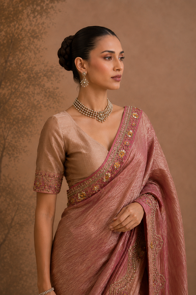 DUSTY ROSE TISSUE EMBROIDERED SAREE WITH BLOUSE PIECE (2PCS)