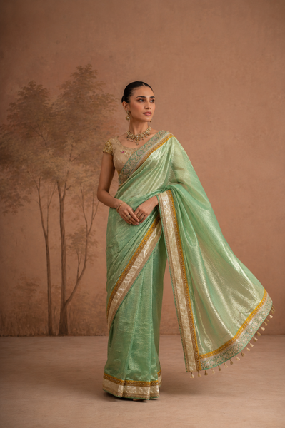 SAGE GREEN TISSUE SAREE WITH EMBROIDERED BORDER AND BLOUSE PIECE (2PCS)