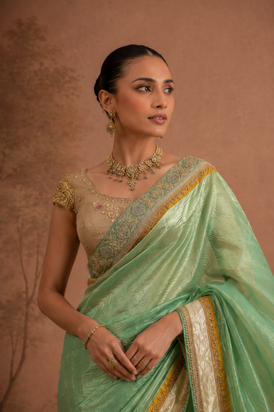SAGE GREEN TISSUE SAREE WITH EMBROIDERED BORDER AND BLOUSE PIECE (2PCS)