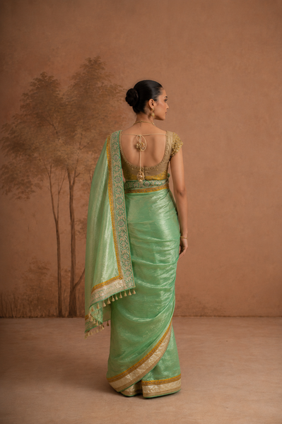 SAGE GREEN TISSUE SAREE WITH EMBROIDERED BORDER AND BLOUSE PIECE (2PCS)