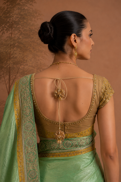 SAGE GREEN TISSUE SAREE WITH EMBROIDERED BORDER AND BLOUSE PIECE (2PCS)