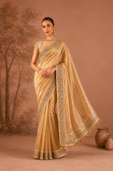 CHAMPAGNE GOLD TISSUE EMBROIDERED SAREE WITH BLOUSE PIECE (2PCS)