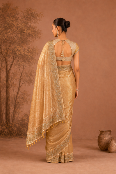 CHAMPAGNE GOLD TISSUE EMBROIDERED SAREE WITH BLOUSE PIECE (2PCS)