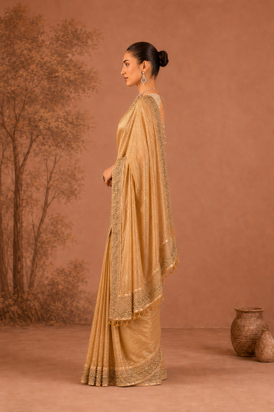 CHAMPAGNE GOLD TISSUE EMBROIDERED SAREE WITH BLOUSE PIECE (2PCS)