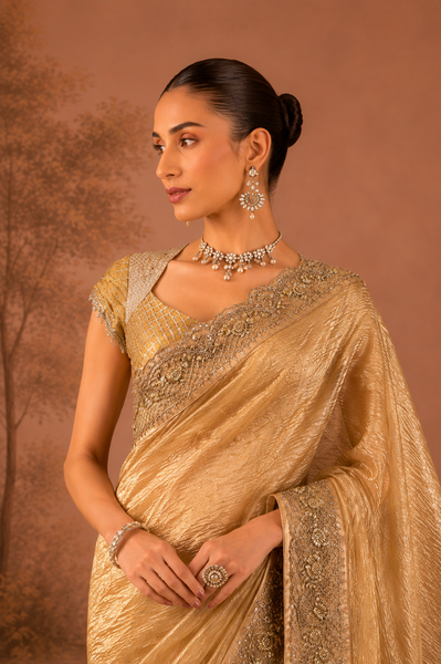 CHAMPAGNE GOLD TISSUE EMBROIDERED SAREE WITH BLOUSE PIECE (2PCS)