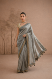 STEEL GREY TISSUE EMBROIDERED SAREE WITH BLOUSE PIECE (2PCS)