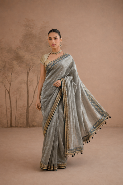 STEEL GREY TISSUE EMBROIDERED SAREE WITH BLOUSE PIECE (2PCS)