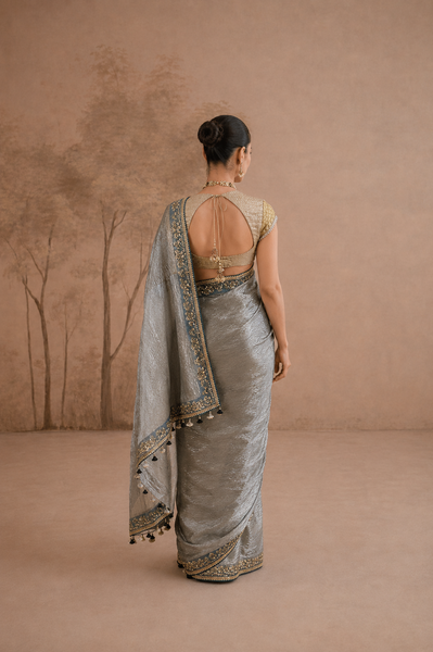 STEEL GREY TISSUE EMBROIDERED SAREE WITH BLOUSE PIECE (2PCS)