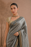 STEEL GREY TISSUE EMBROIDERED SAREE WITH BLOUSE PIECE (2PCS)