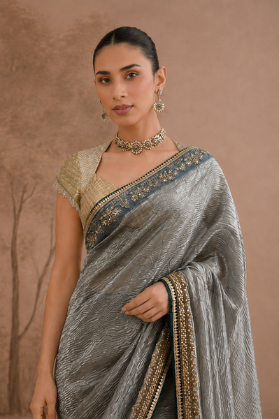 STEEL GREY TISSUE EMBROIDERED SAREE WITH BLOUSE PIECE (2PCS)