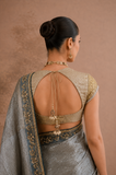 STEEL GREY TISSUE EMBROIDERED SAREE WITH BLOUSE PIECE (2PCS)