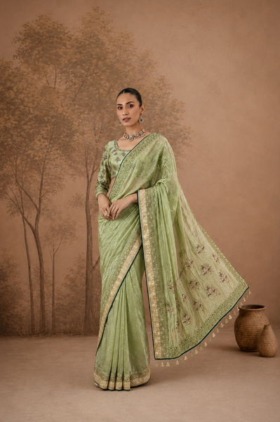 PISTACHIO GREEN TISSUE EMBROIDERED SAREE WITH BLOUSE PIECE