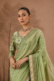 PISTACHIO GREEN TISSUE EMBROIDERED SAREE WITH BLOUSE PIECE