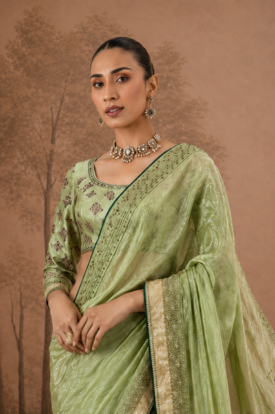 PISTACHIO GREEN TISSUE EMBROIDERED SAREE WITH BLOUSE PIECE