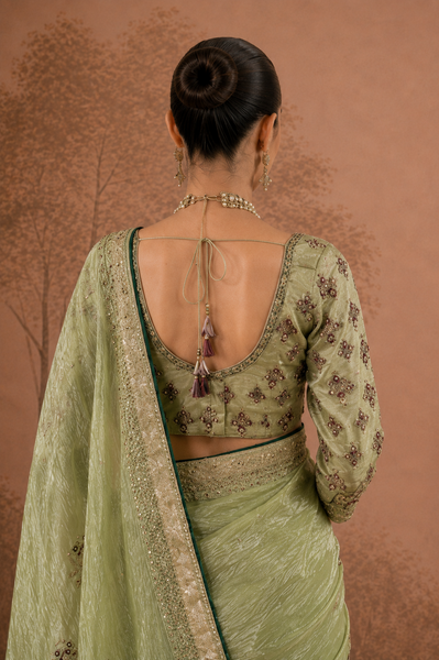 PISTACHIO GREEN TISSUE EMBROIDERED SAREE WITH BLOUSE PIECE