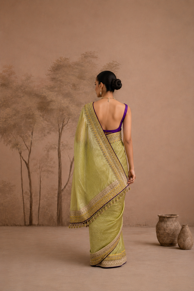 LIME GREEN TISSUE EMBROIDERED SAREE WITH BLOUSE PIECE (2PCS)