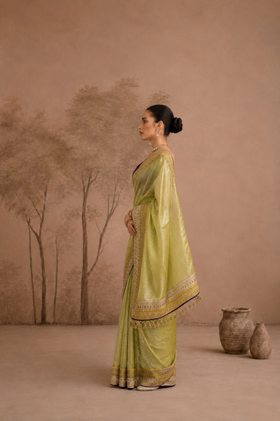 LIME GREEN TISSUE EMBROIDERED SAREE WITH BLOUSE PIECE (2PCS)