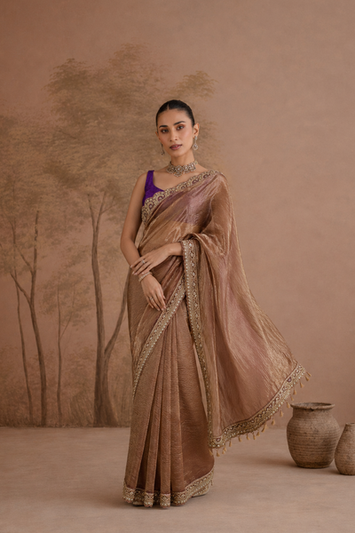 ROSE TAUPE TISSUE EMBROIDERED SAREE WITH BLOUSE PIECE (2PCS)