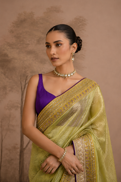 LIME GREEN TISSUE EMBROIDERED SAREE WITH BLOUSE PIECE (2PCS)
