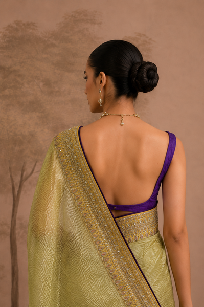 LIME GREEN TISSUE EMBROIDERED SAREE WITH BLOUSE PIECE (2PCS)
