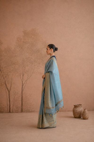 POWDER BLUE TISSUE SAREE WITH ZARI WOVEN BORDER AND BLOUSE PIECE (2PCS)