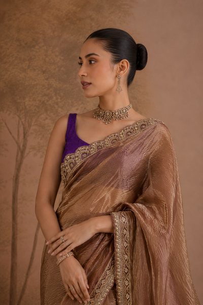 ROSE TAUPE TISSUE EMBROIDERED SAREE WITH BLOUSE PIECE (2PCS)
