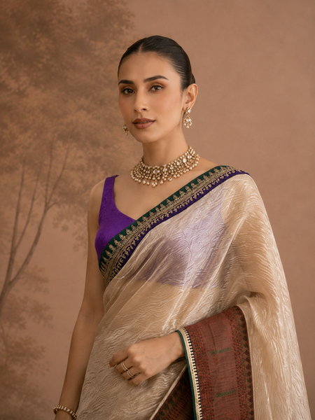 TOOSH TISSUE EMBROIDERED SAREE WITH BLOUSE PIECE (2PCS)