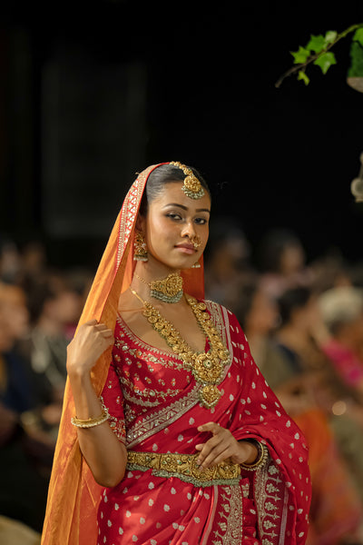 RED BANARASI SILK EMB. SAREE SET (NLB-06A) (2 PCS)