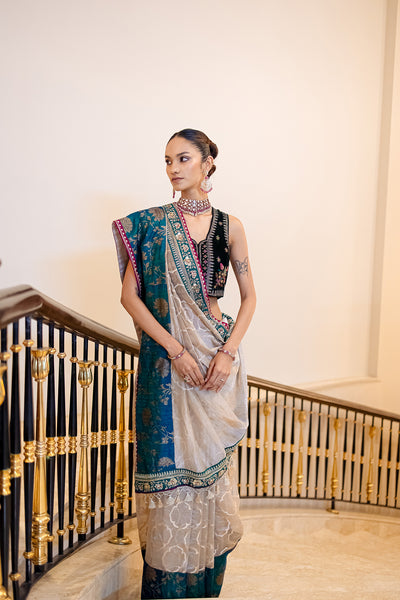 TOOSH & GREEN SILK TISSUE SAREE SET (2 PCS)
