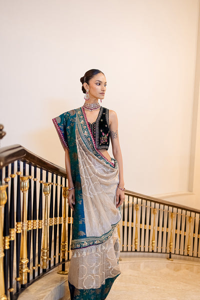 TOOSH & GREEN SILK TISSUE SAREE SET (2 PCS)