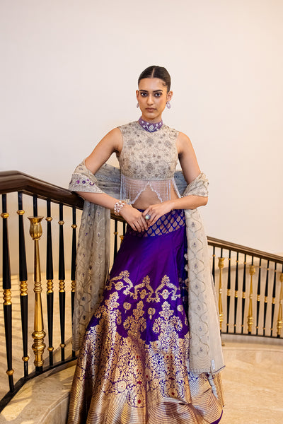 PURPLE & TOOSH BROCADE EMB. LEHENGA SET (4 PCS)