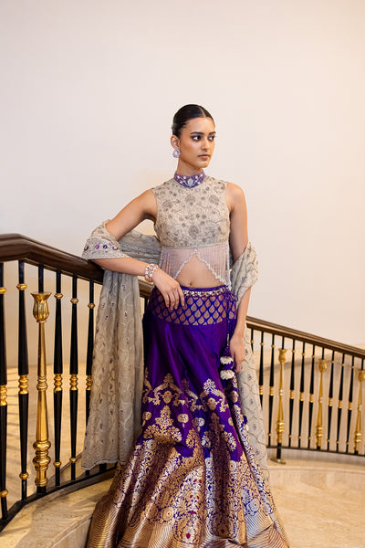 PURPLE & TOOSH BROCADE EMB. LEHENGA SET (4 PCS)