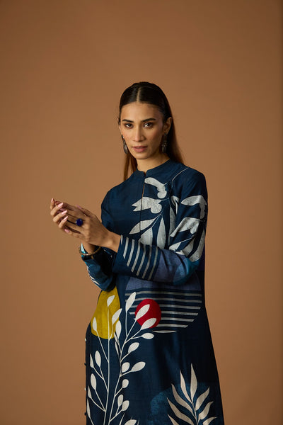 INDIGO BLUE SILK CHANDERI PRINTED TUNIC (BCC-01)