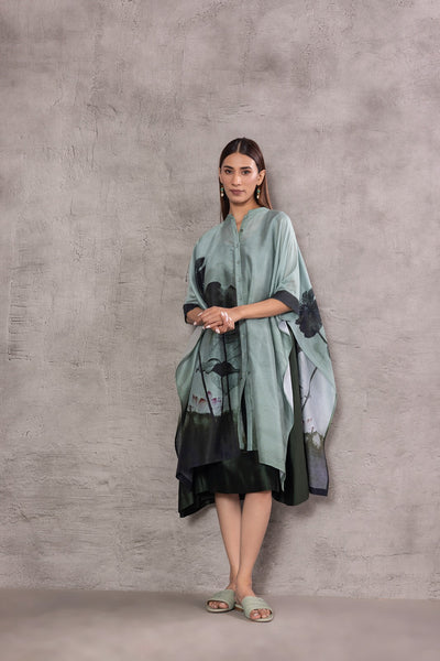 AQUA SILK CHANDERI PRINTED KAFTAN WITH INNER