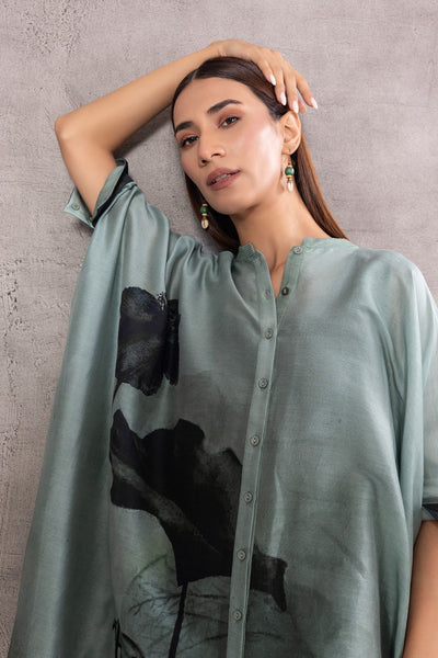 AQUA SILK CHANDERI PRINTED KAFTAN WITH INNER