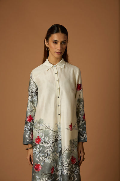 IVORY & GREY DUPION SILK PRINTED TUNIC (1PC)