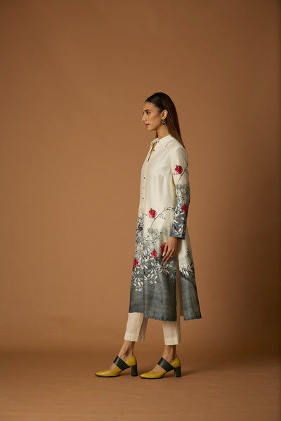 IVORY & GREY DUPION SILK PRINTED TUNIC (1PC)