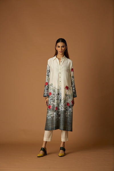 IVORY & GREY DUPION SILK PRINTED TUNIC (1PC)