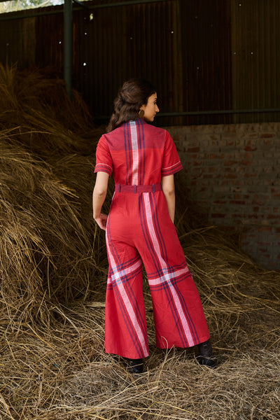 RED CHECKED COTTON JUMPSUIT ( 1PC)