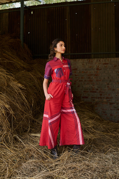 RED CHECKED COTTON JUMPSUIT ( 1PC)