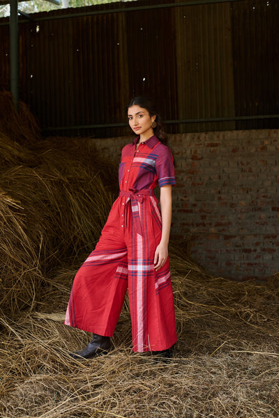RED CHECKED COTTON JUMPSUIT ( 1PC)