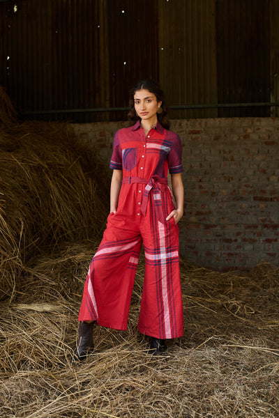 RED CHECKED COTTON JUMPSUIT ( 1PC)