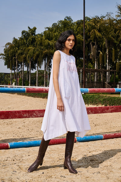 IVORY EMBROIDERED SOFT COTTON ASSEYMETRIC DRESS (1PC)