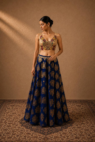 ROYAL BLUE BROCADE LEHENGA WITH EMBROIDERED BLOUSE (2 PCS)