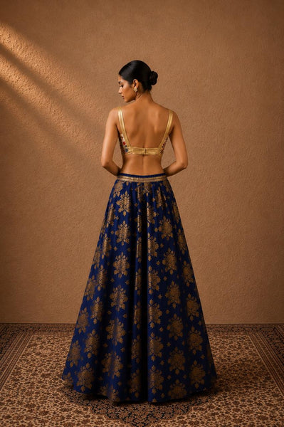 ROYAL BLUE BROCADE LEHENGA WITH EMBROIDERED BLOUSE (2 PCS)