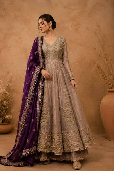 TAUPE ANARKALI SET FEATURING INTRICATE EMBROIDERY AND A RICH PURPLE EMBELLISHED DUPATTA
